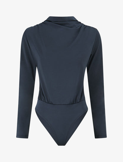 Body satiné col montant drapé - Marine - 1