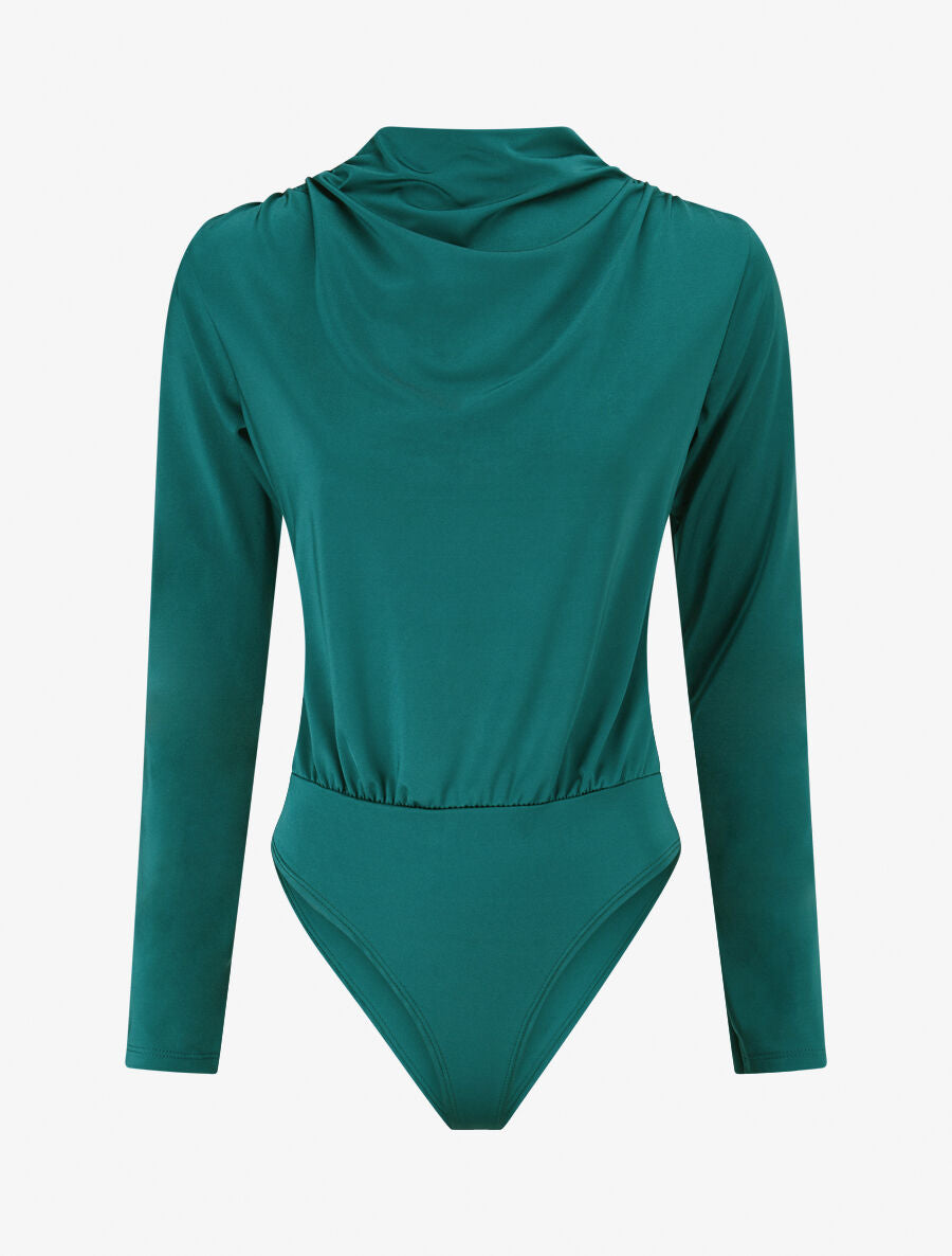 Body satiné col montant drapé - Vert sapin - 4