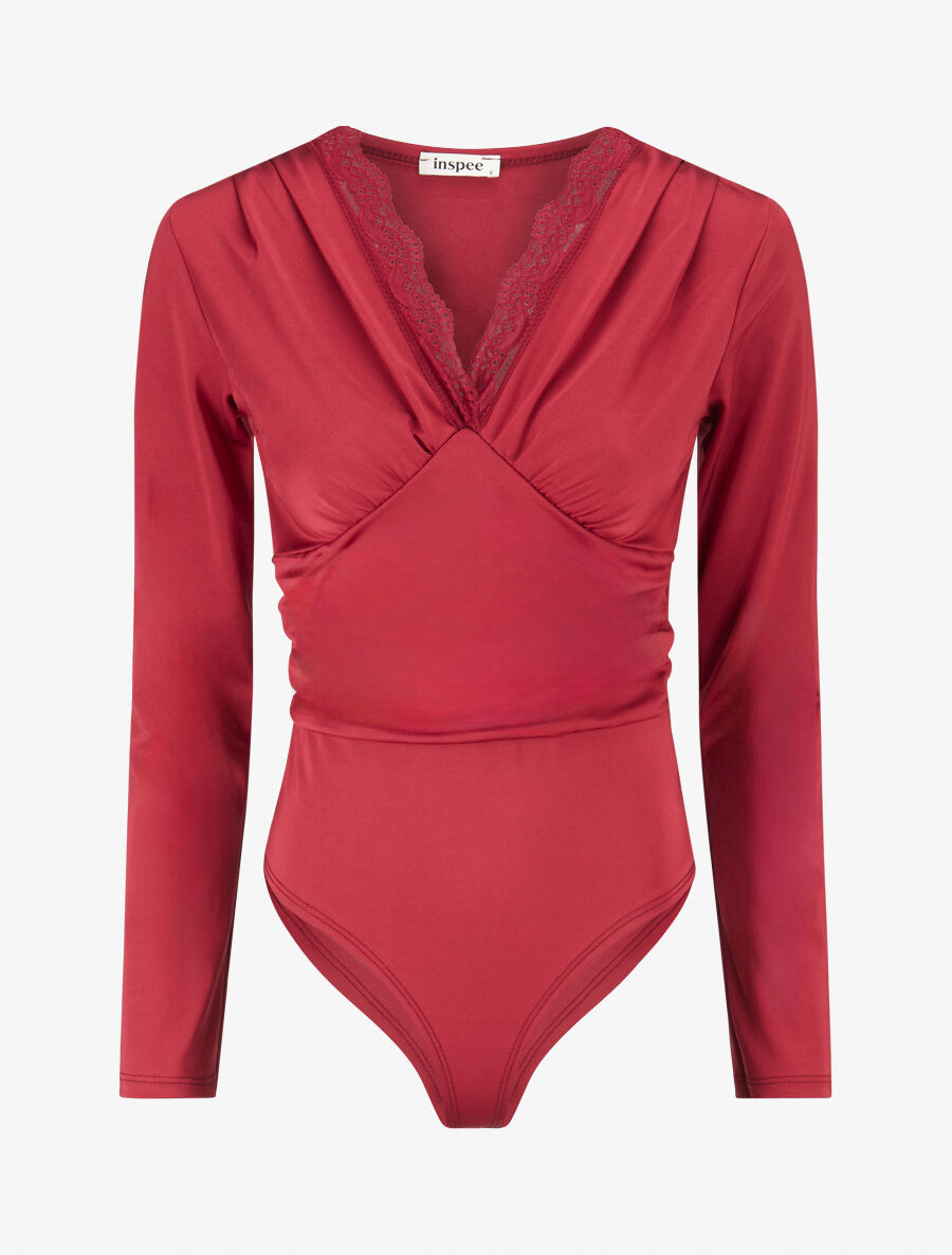 Body à détail dentelle et ventre plissé - Rouge cerise - 1