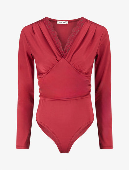 Body à détail dentelle et ventre plissé - Rouge cerise - 1