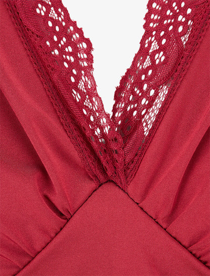 Body à détail dentelle et ventre plissé - Rouge cerise - 3