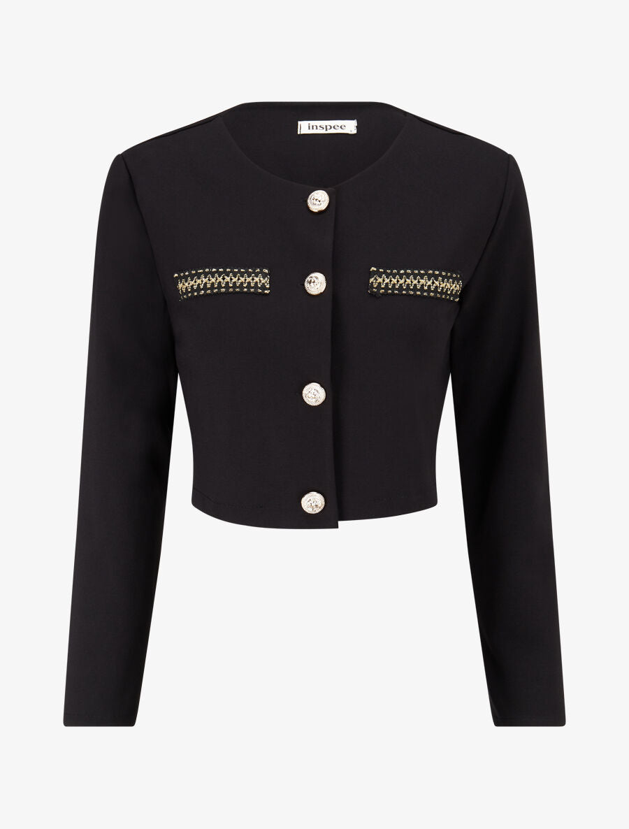 Veste courte empiécement brodé - Noir - 4