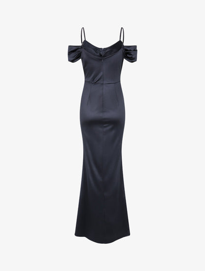 Robe longue fendue à épaules dénudées - Marine - 2