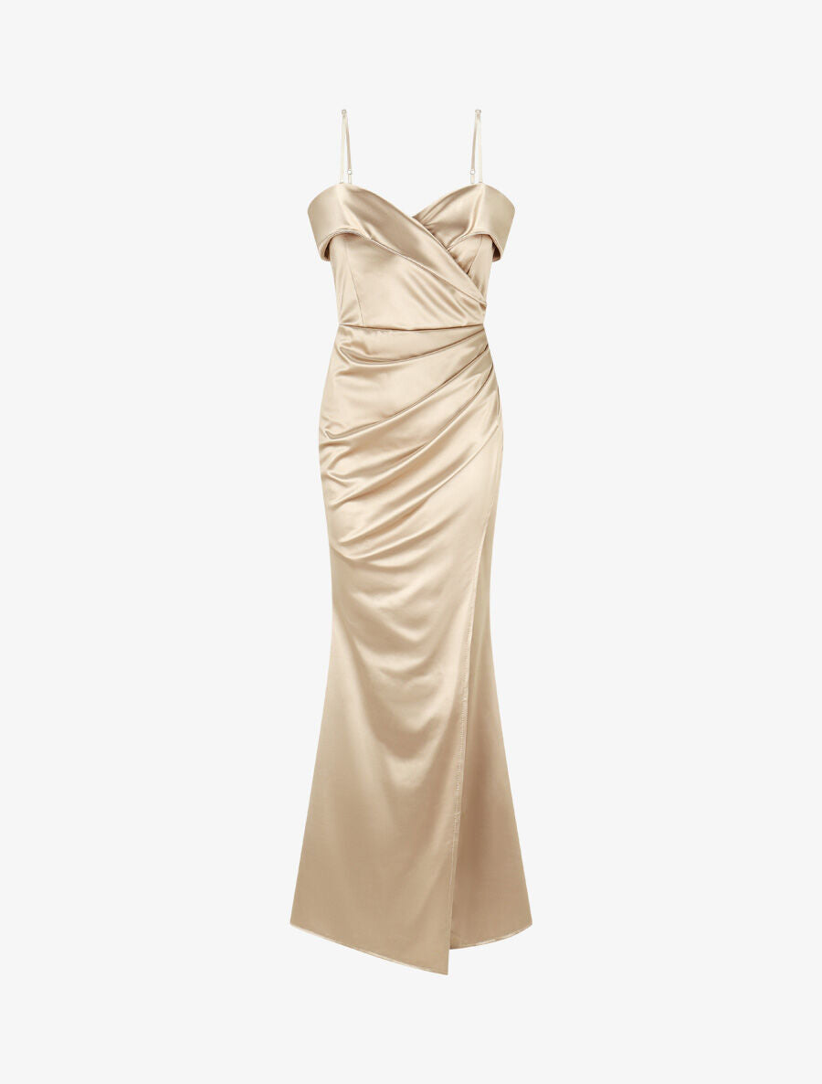 Robe longue fendue à col V - Or - 4
