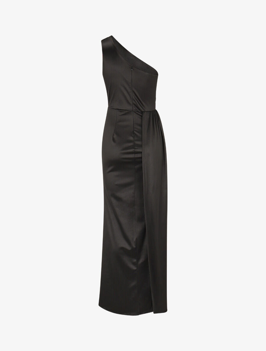Robe longue unie fendue à une manche - Noir - 2