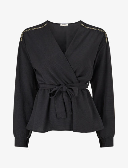 Top péplum à épaules brodées - Noir - 1