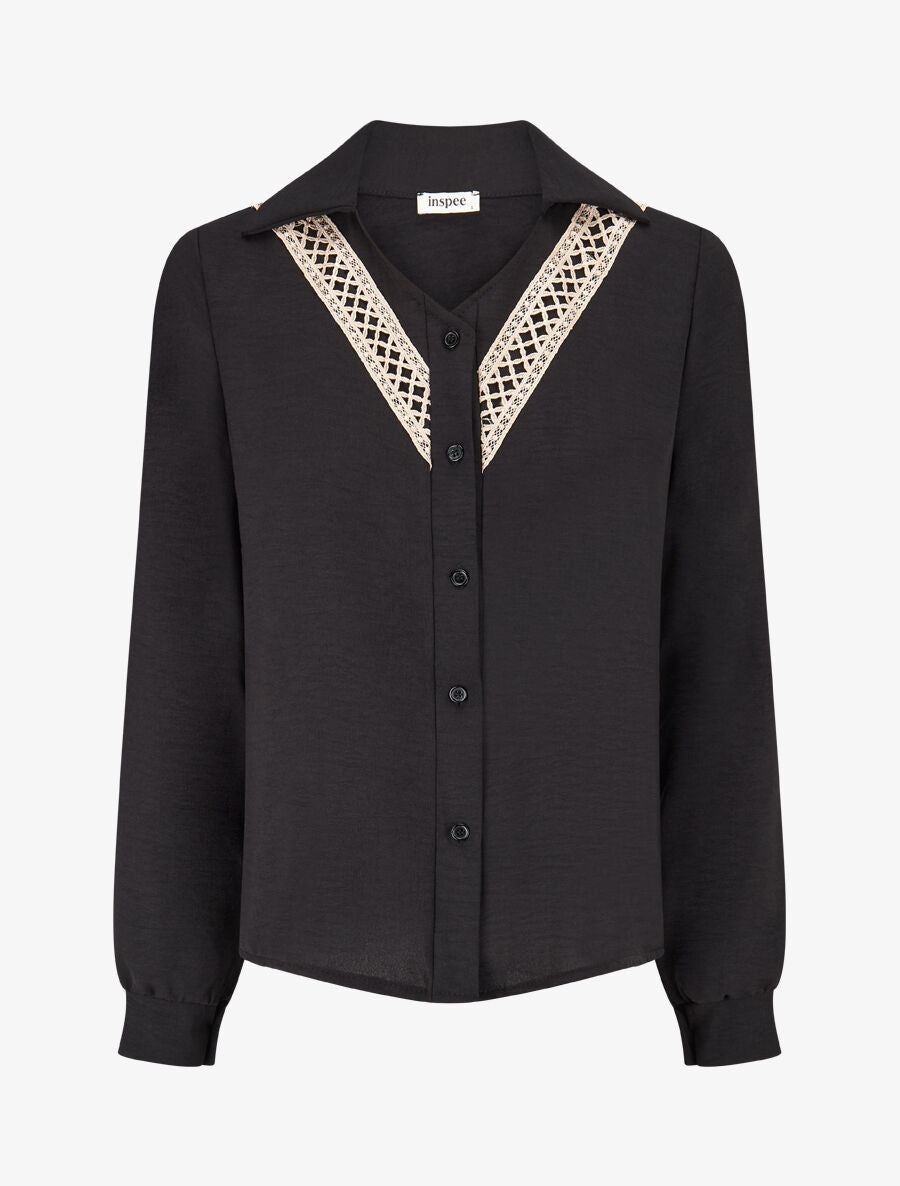 Chemise unie à col brodé - Noir - 1