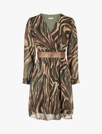 Robe fluide imprimé zébre à taille stylisée - Kaki - 5