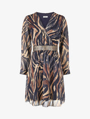 Robe fluide imprimé zébre à taille stylisée - Marine - 1