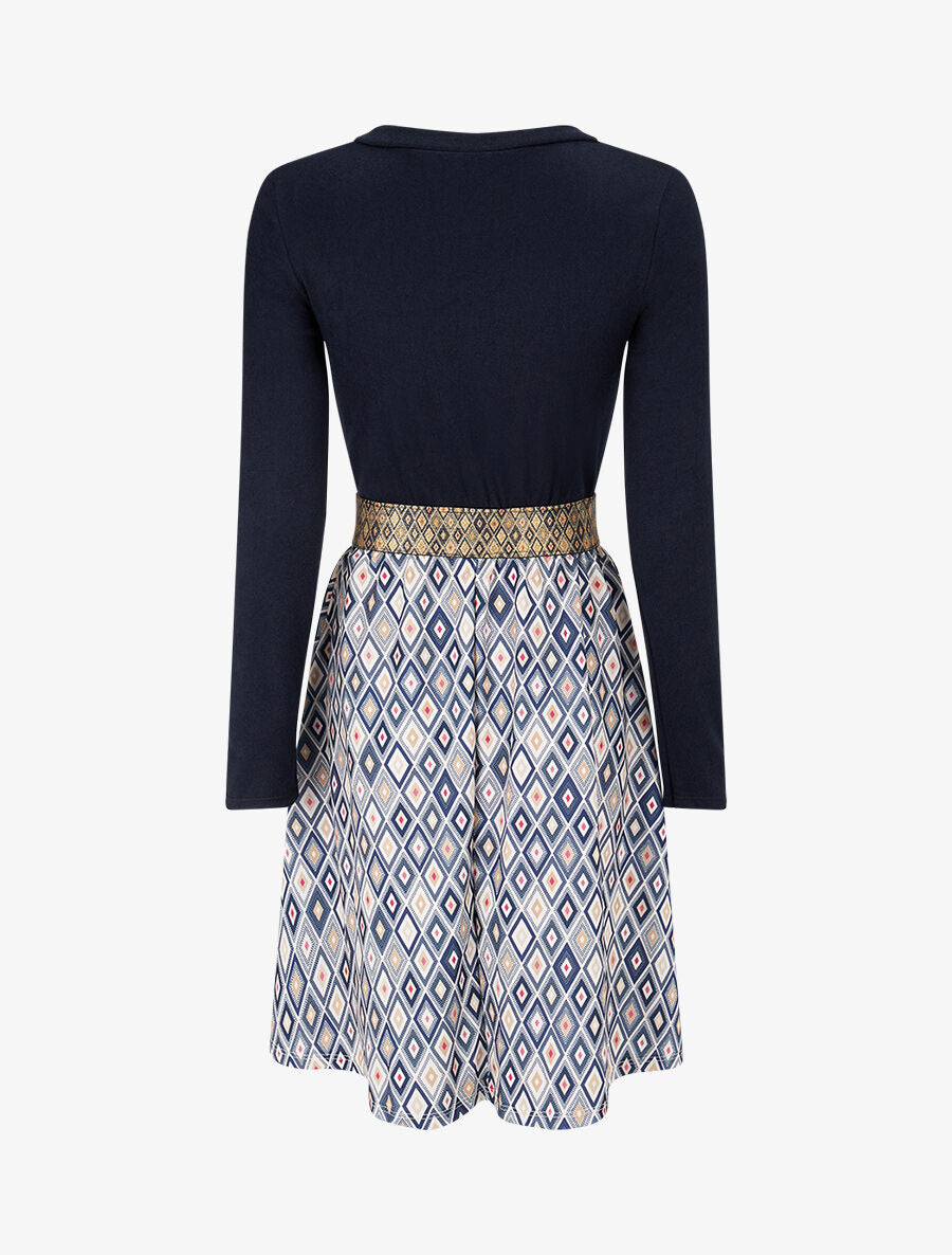 Robe imprimé losange et taille fantaisie - Marine - 2