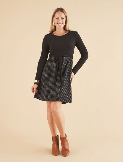 Robe bimatière à jupe imprimé carreaux - Noir - 4