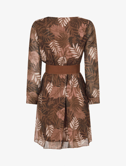 Robe légère en voile lamé imprimé feuilles tropicales - Marron - 2