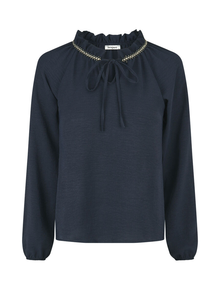 Blouse fluide unie à détail irisé - Marine - 1