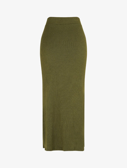 Jupe longue fendue en maille - Kaki - 2