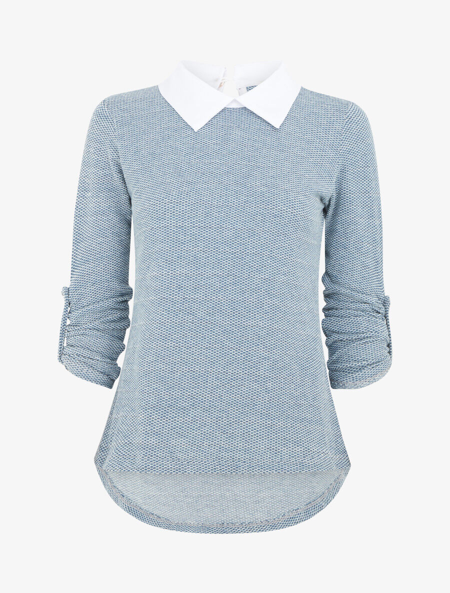 Pull fin à col chemise et manches retroussables - Bleu canard - 5