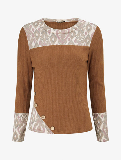 Pull côtelé à imprimé graphique et boutons décoratifs - Camel - 1