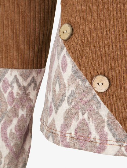 Pull côtelé à imprimé graphique et boutons décoratifs - Camel - 3