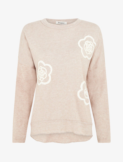 Pull fin uni à fleurs brodées - Beige - 1