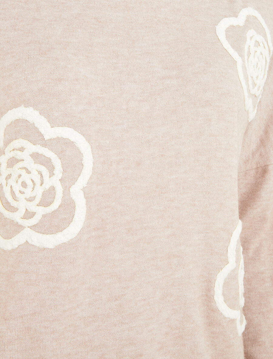 Pull fin uni à fleurs brodées - Beige - 3