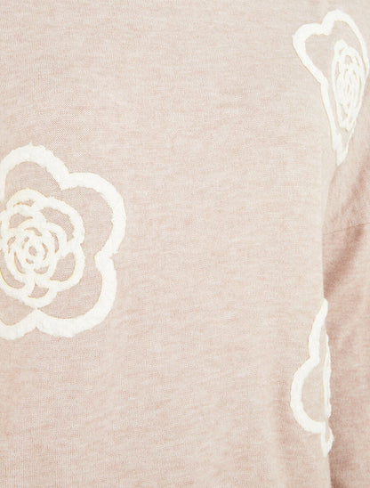 Pull fin uni à fleurs brodées - Beige - 3
