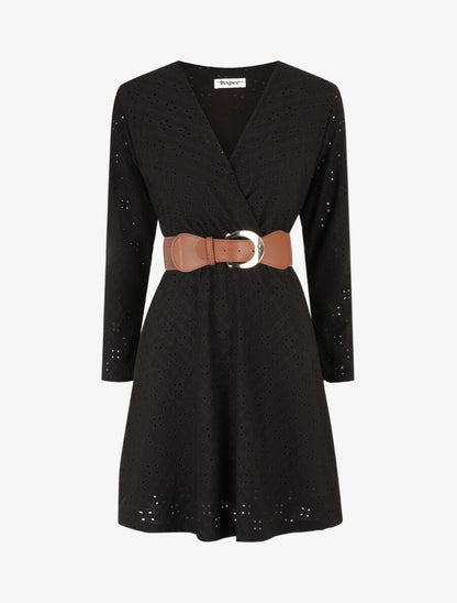Robe unie élastiquée et ajourée - Noir - 5
