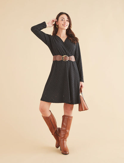 Robe unie élastiquée et ajourée - Noir - 4