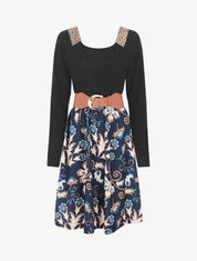 Robe bimatière à col à bandes élastiquées stylisées - Marine - 1