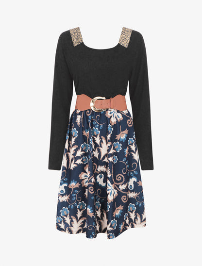 Robe bimatière à col à bandes élastiquées stylisées - Marine - 1