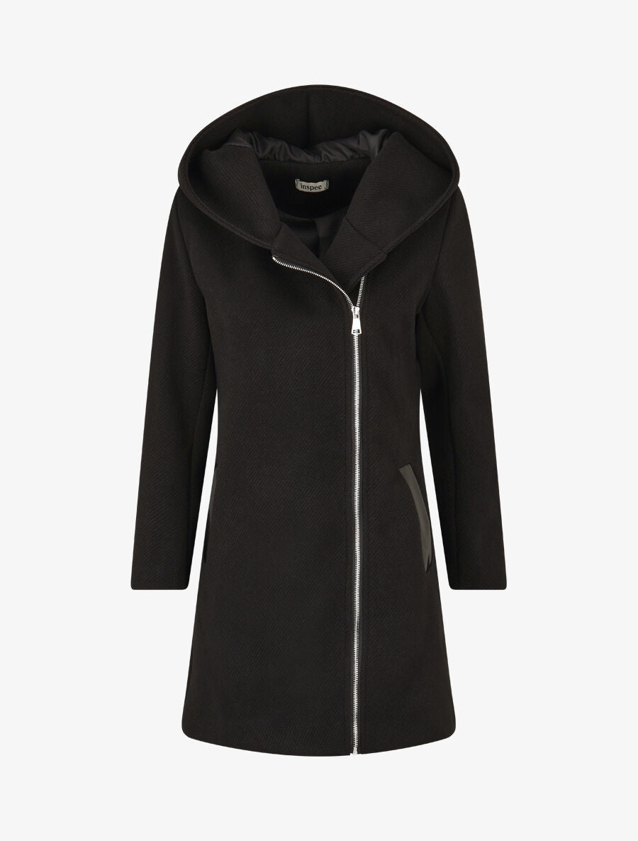 Manteau zippé à poches contrastantes en simili - Noir - 1