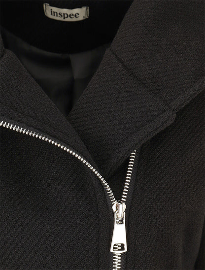 Manteau zippé à poches contrastantes en simili - Noir - 3