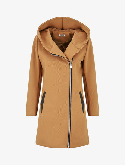 Manteau zippé à poches contrastantes en simili - Camel - 4