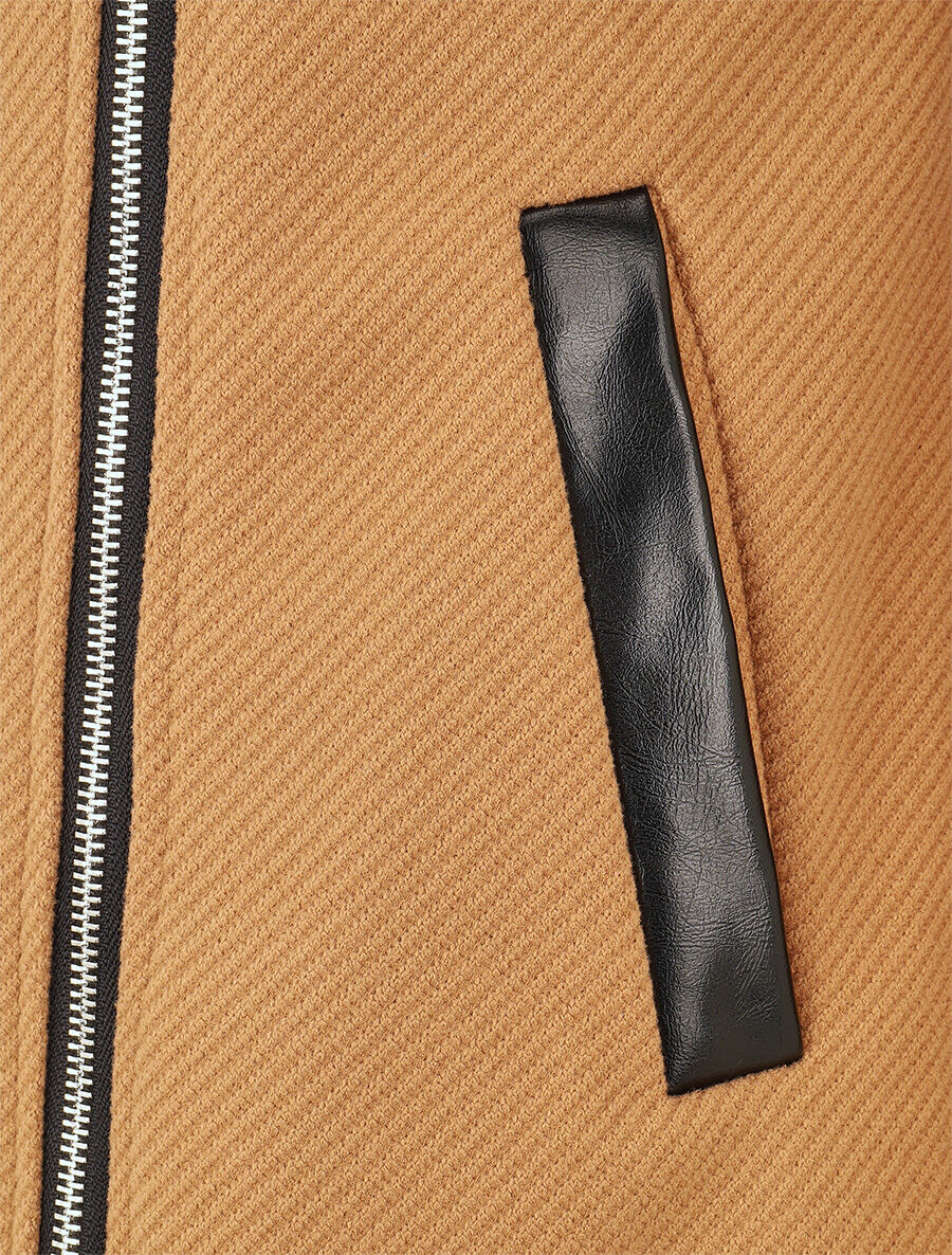 Manteau zippé à poches contrastantes en simili - Camel - 3