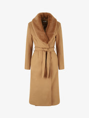 Manteau long à col en fourrure synthétique - Camel - 1