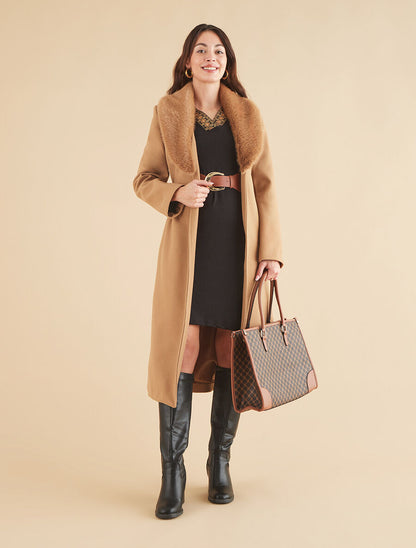 Manteau long à col en fourrure synthétique - Camel - 5