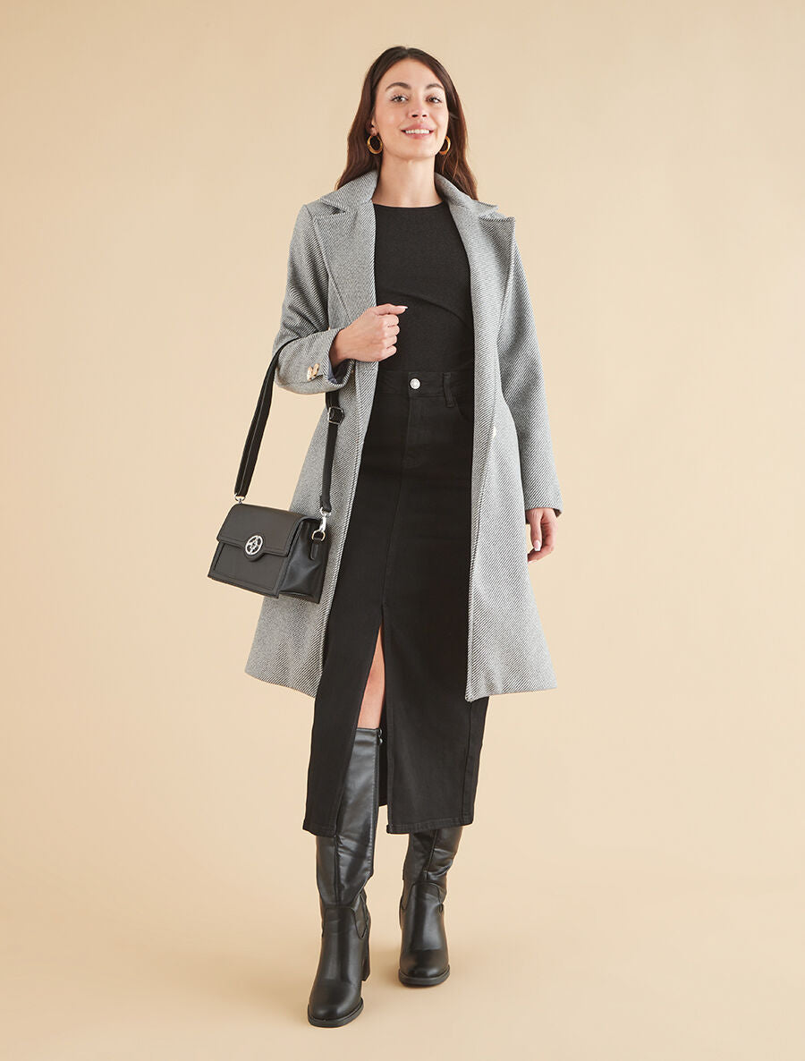 Manteau long à boutons décoratifs dorés - Gris/noir - 4