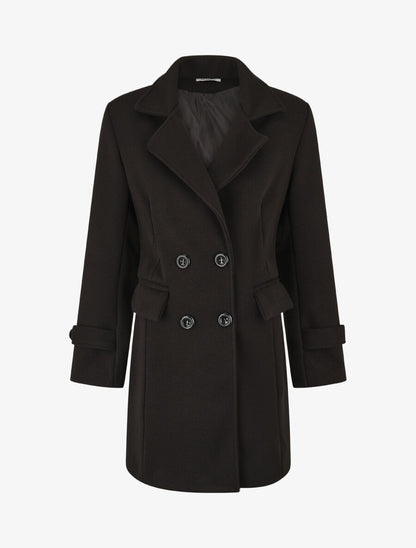 Manteau long uni à col cranté - Noir - 1