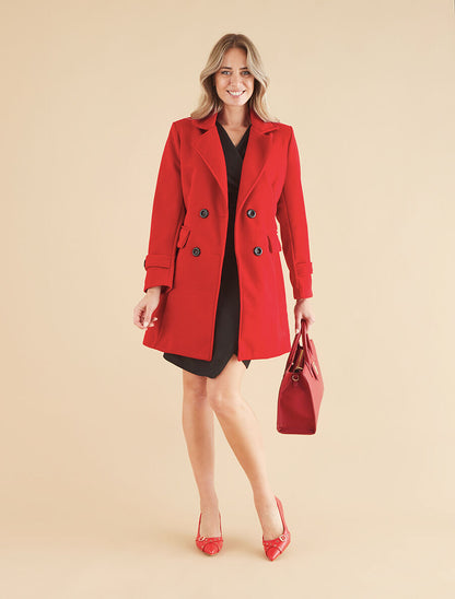Manteau long uni à col cranté - Rouge - 4