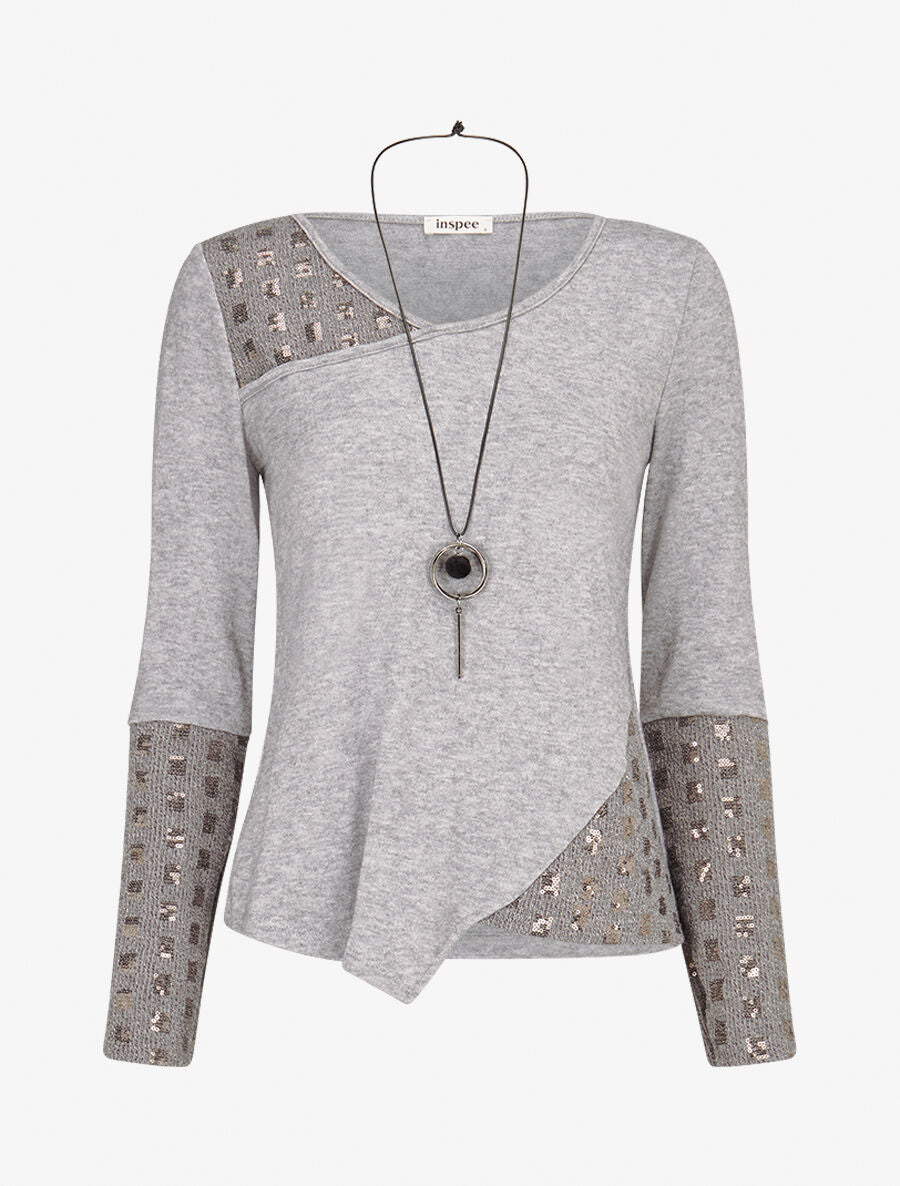 Pull fin à empiècement incrusté de sequins - Gris - 4
