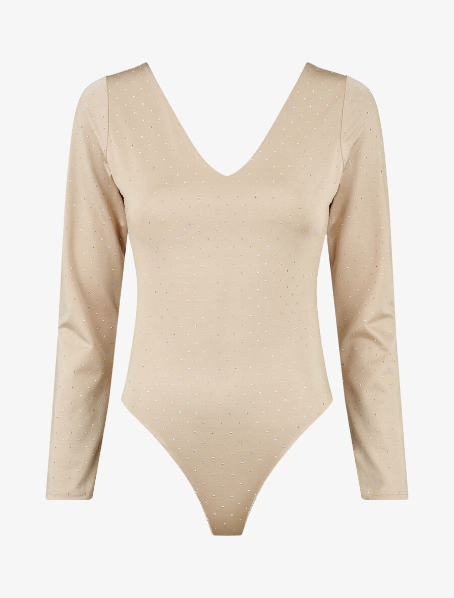 Body uni strassé à col V - Beige - 1
