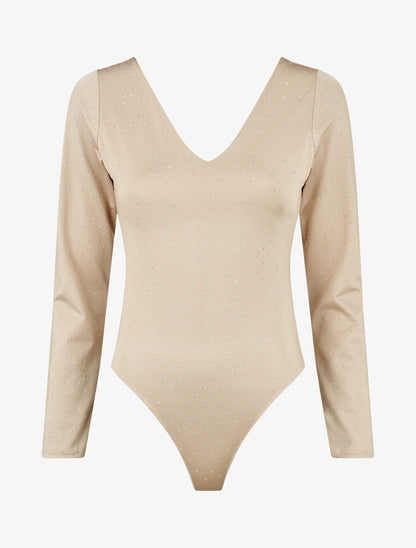 Body uni strassé à col V - Beige - 1