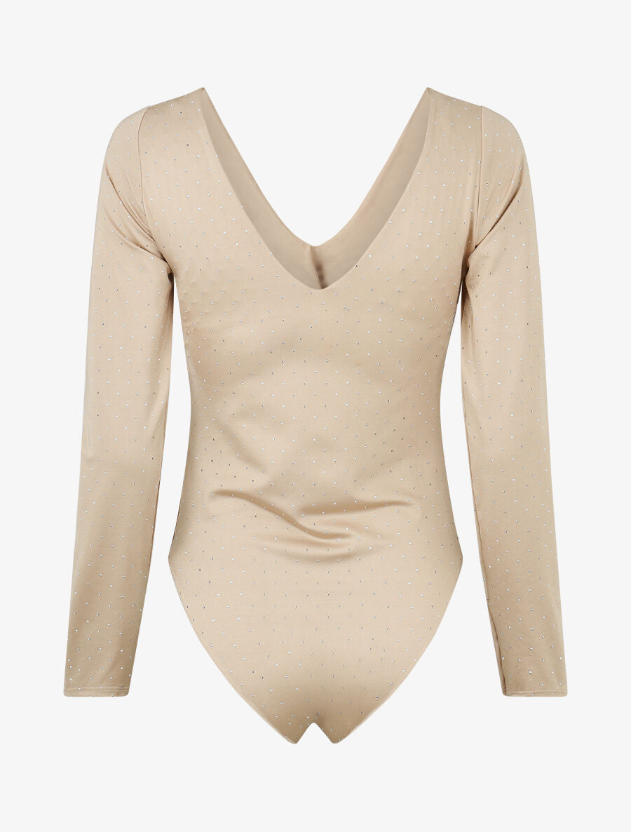 Body uni strassé à col V - Beige - 2