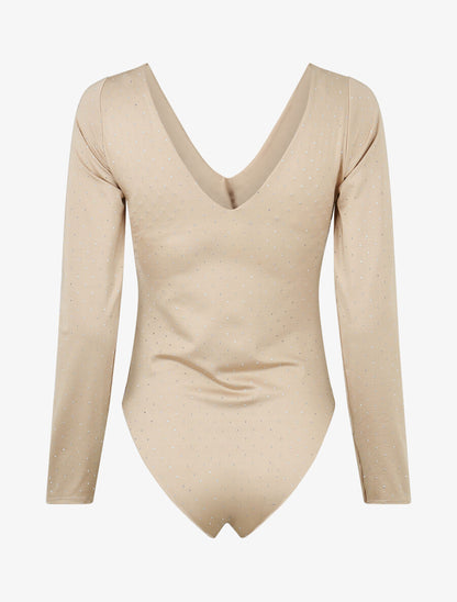 Body uni strassé à col V - Beige - 2