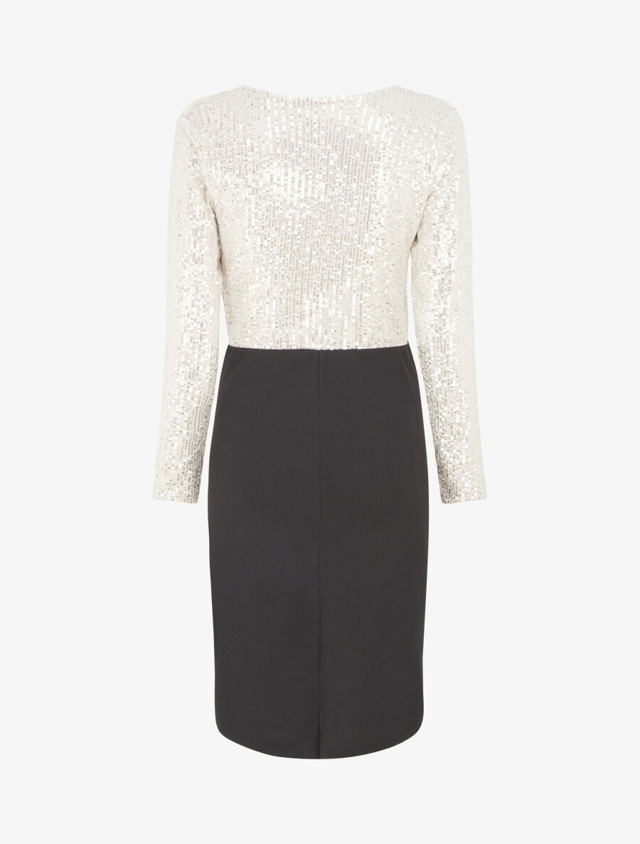 Robe bi-matière à buste orné de sequins - Beige - 2