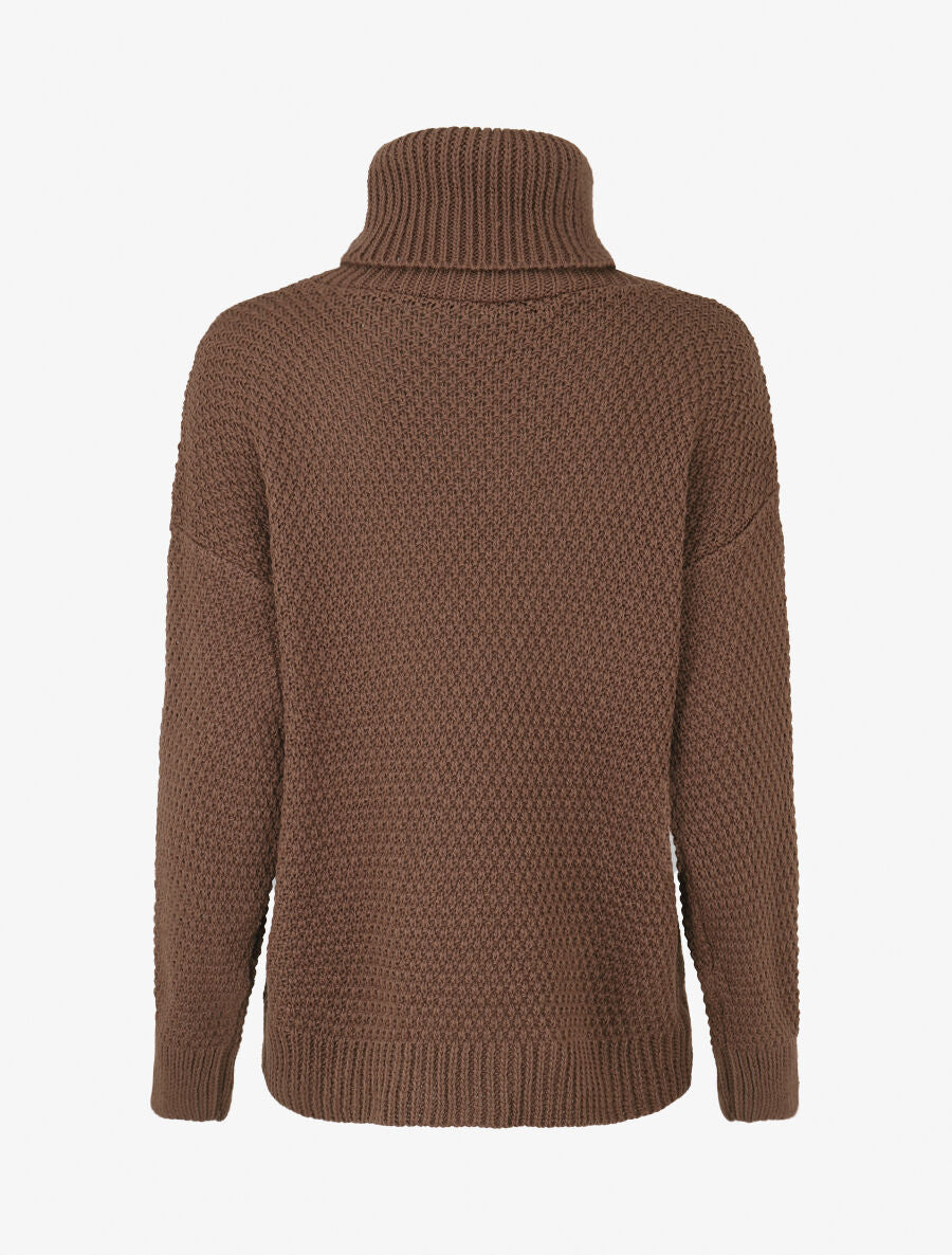 Pull uni en maille à col roulé - Marron - 2
