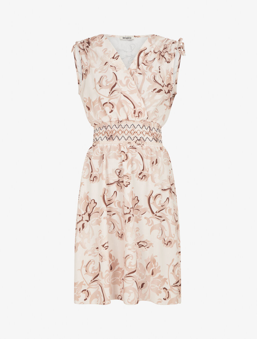 Robe élastiquée à imprimé foulard - Beige - 4