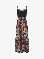 Robe longue à fines bretelles imprimé feuilles - Noir - 1