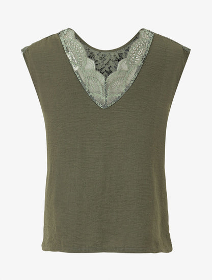 Top droit sans manches col en dentelle - Kaki - 2
