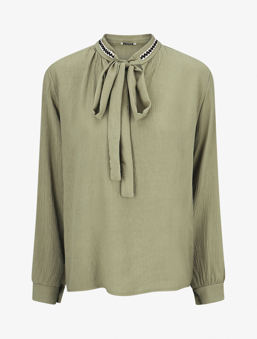 Blouse droite col lavallière fantaisie et manches longues - Vert olive - 4