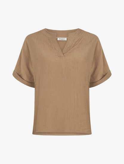 Blouse droite et texturée à col V - Camel - 4