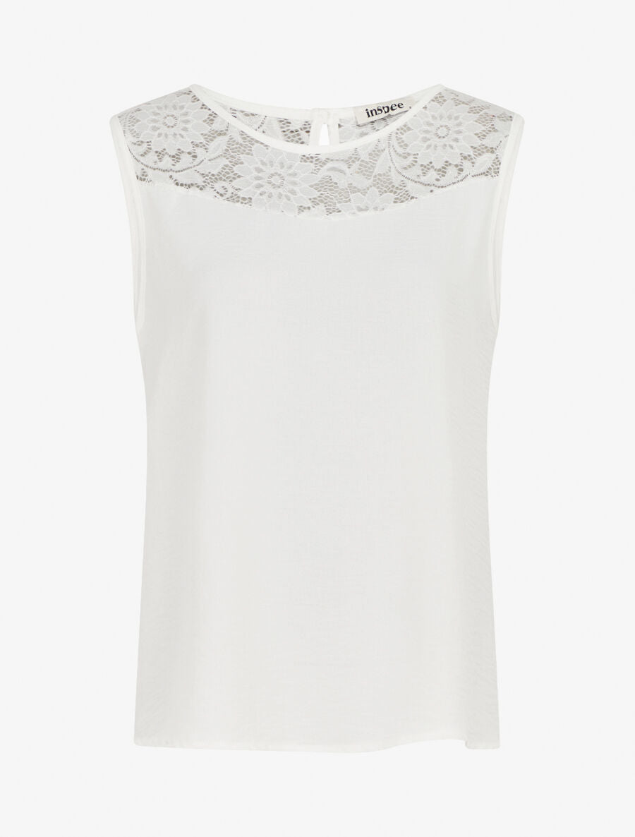 Top droit sans manches col dentelle - Blanc - 4